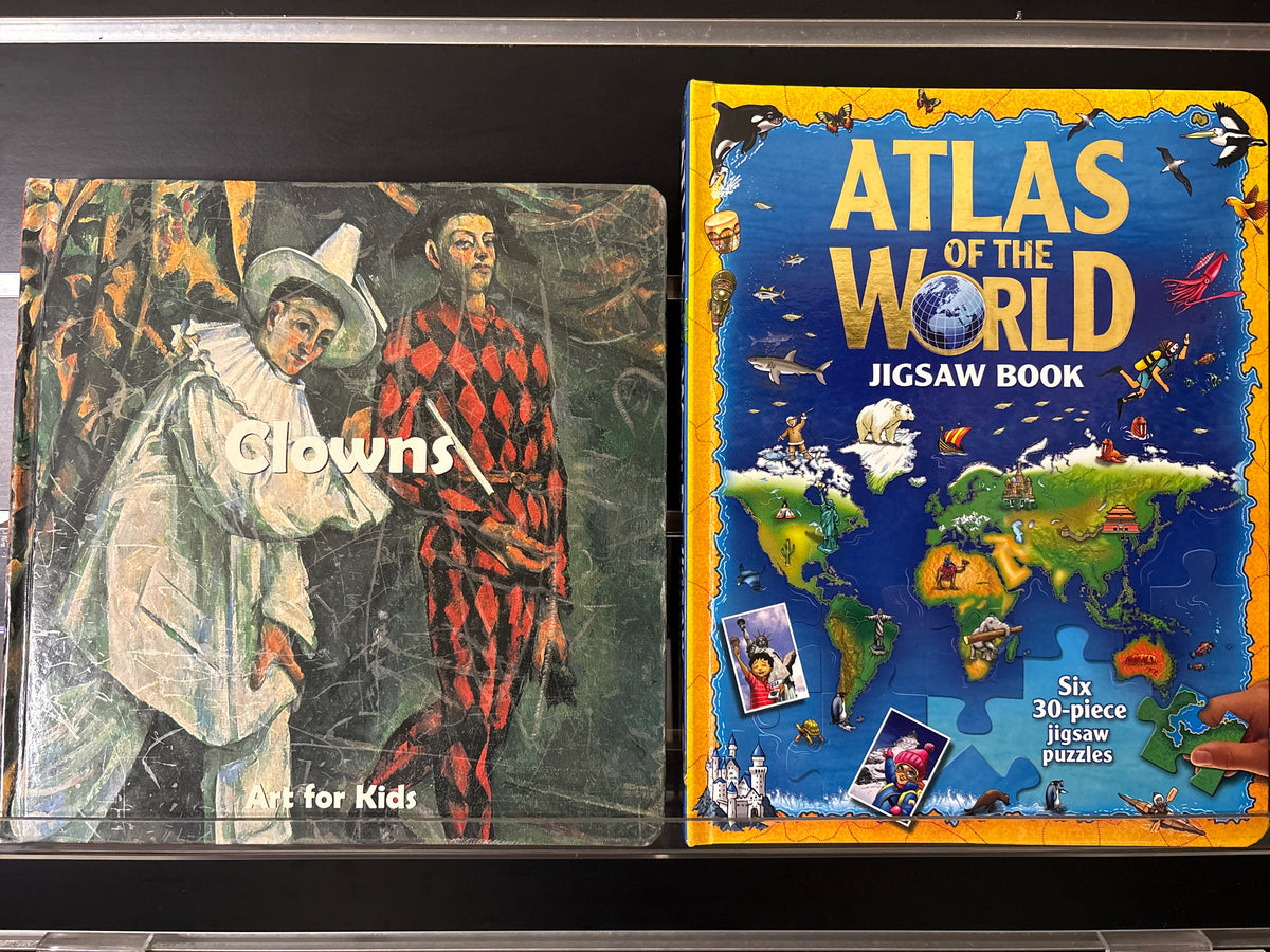 JIGSAW BOOKS 'Clowns' and 'Atlas of The World' Bundle of 2 (Min. fair condition)