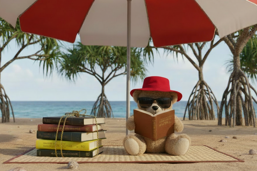 Teddy bear with wide brim hat reading with book bundle
