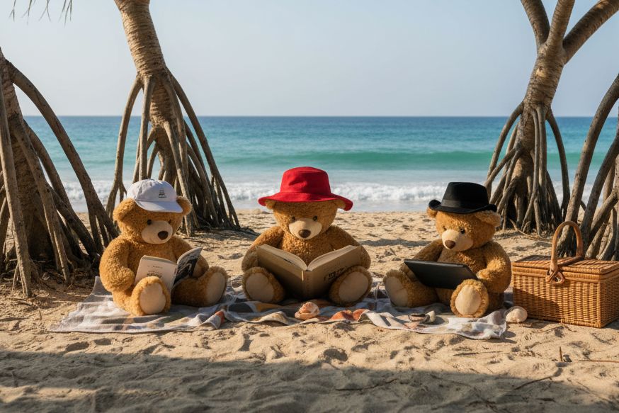 Three teddy bears reading at the beach
